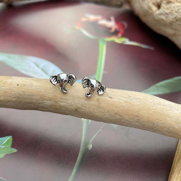 Elephant Head Solid Sterling Silver Stud Earrings - Picture 2 of 5